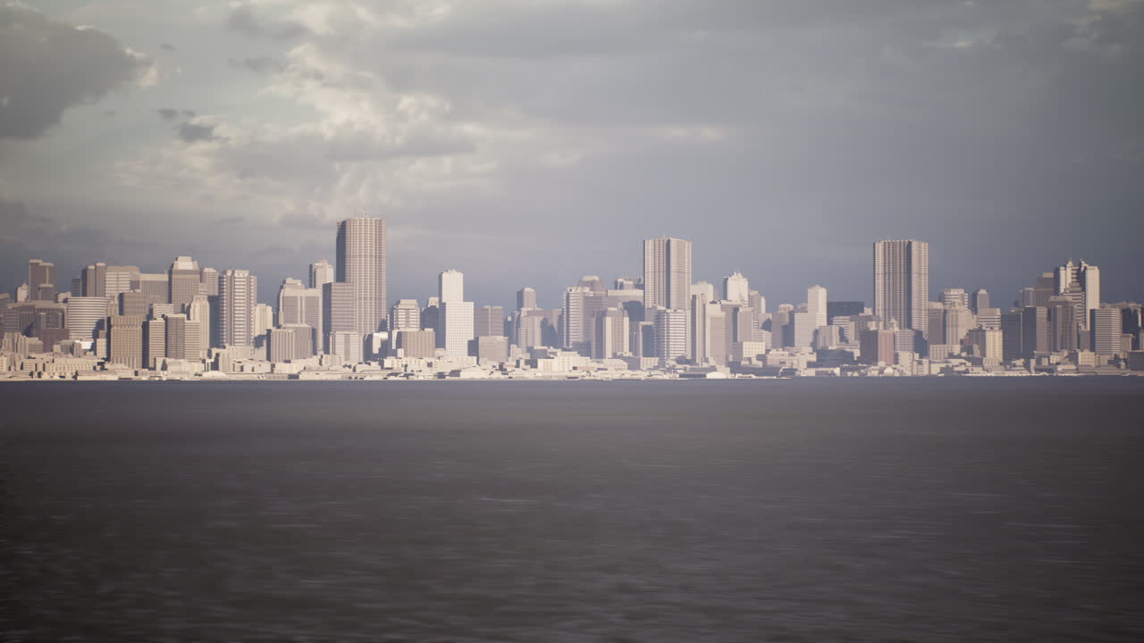 A panoramic view of a city skyline under a cloudy sky at dusk