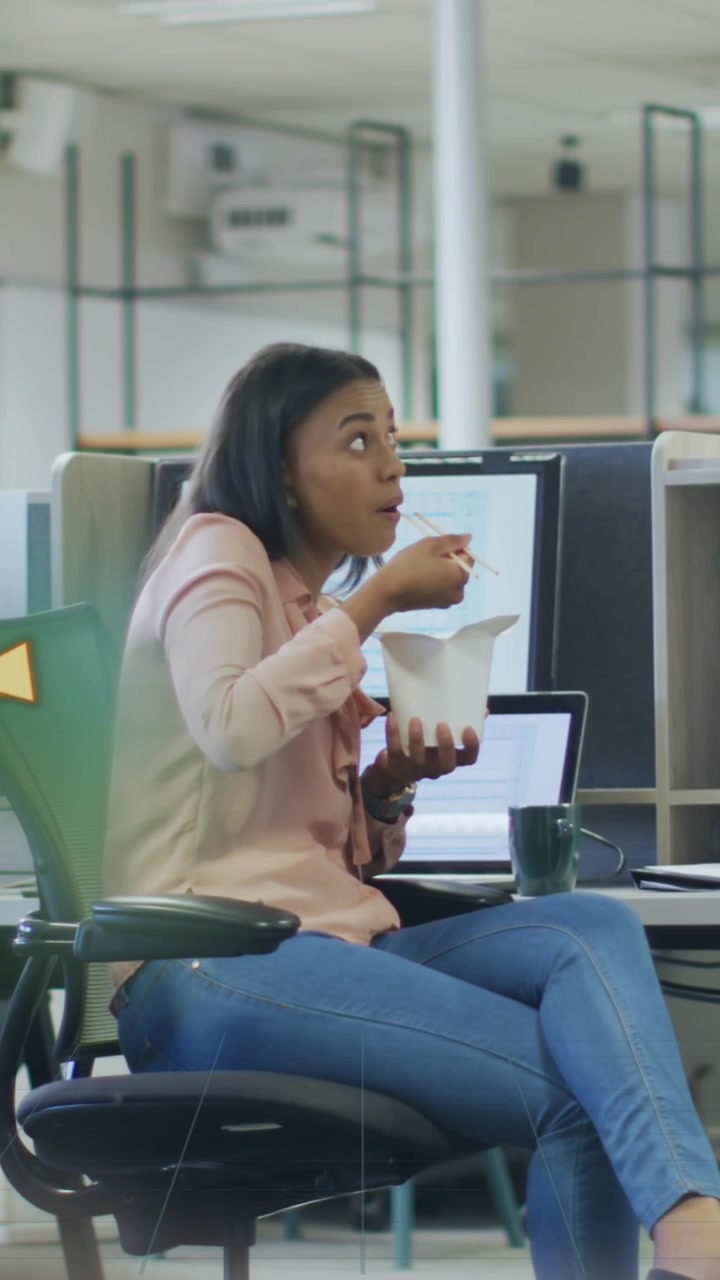 Animation of financial data processing over diverse business people discussing work at office