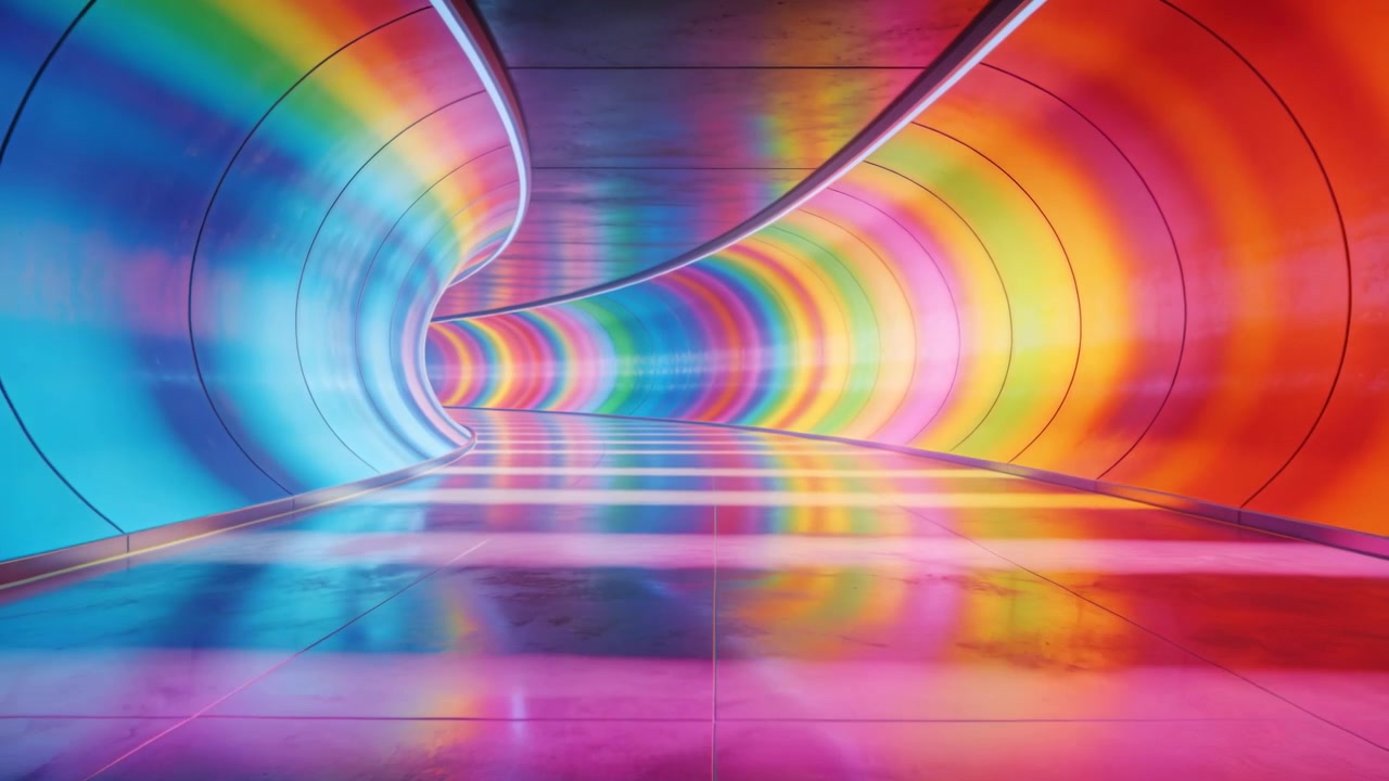 Cámara en movimiento acercándose a un túnel curvo con los colores del arcoíris en un pasillo de arte, mostrando reflejos cambiantes en el suelo.