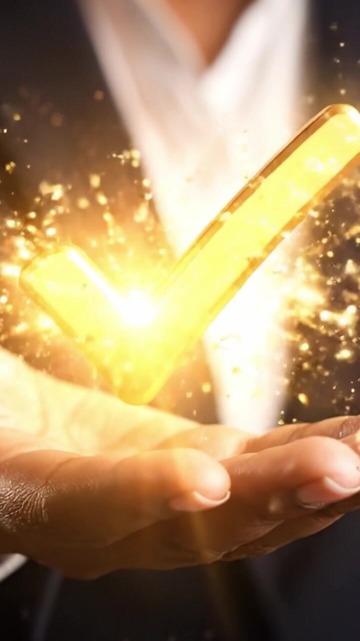 Un professionista sicuro di sé mostra un segno di spunta dorato che levita sopra la mano, simbolo di realizzazione, successo e convalida nell'odierno panorama competitivo