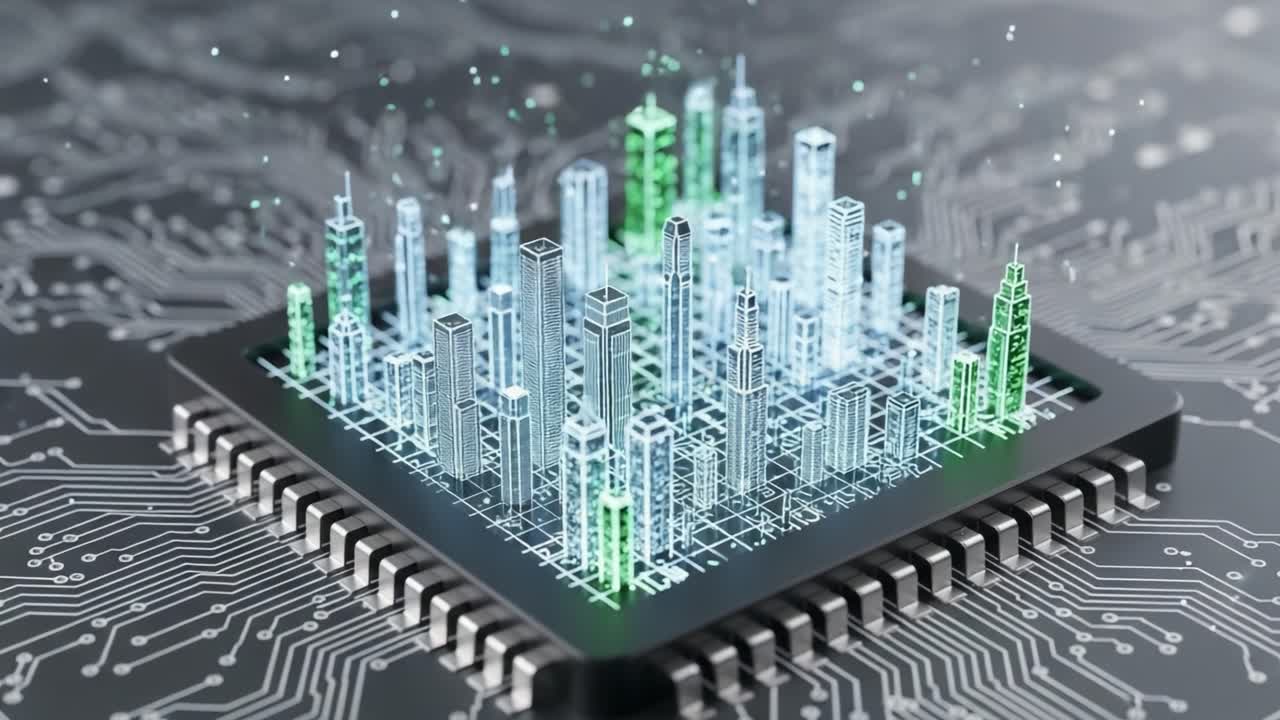 A futuristic cityscape emerges from a microchip, showcasing a stunning blend of technology and urban development with intricate details and vibrant colors