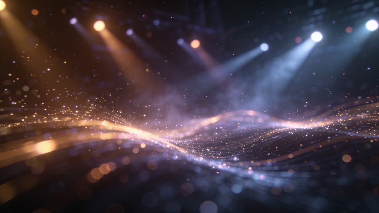 Rete di particelle luminose in movimento che si innalza su un palco da studio buio, con faretti ambrati e blu che spostano la foschia.