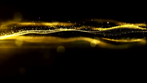 Abstract gold color digital particles wave environment motion background