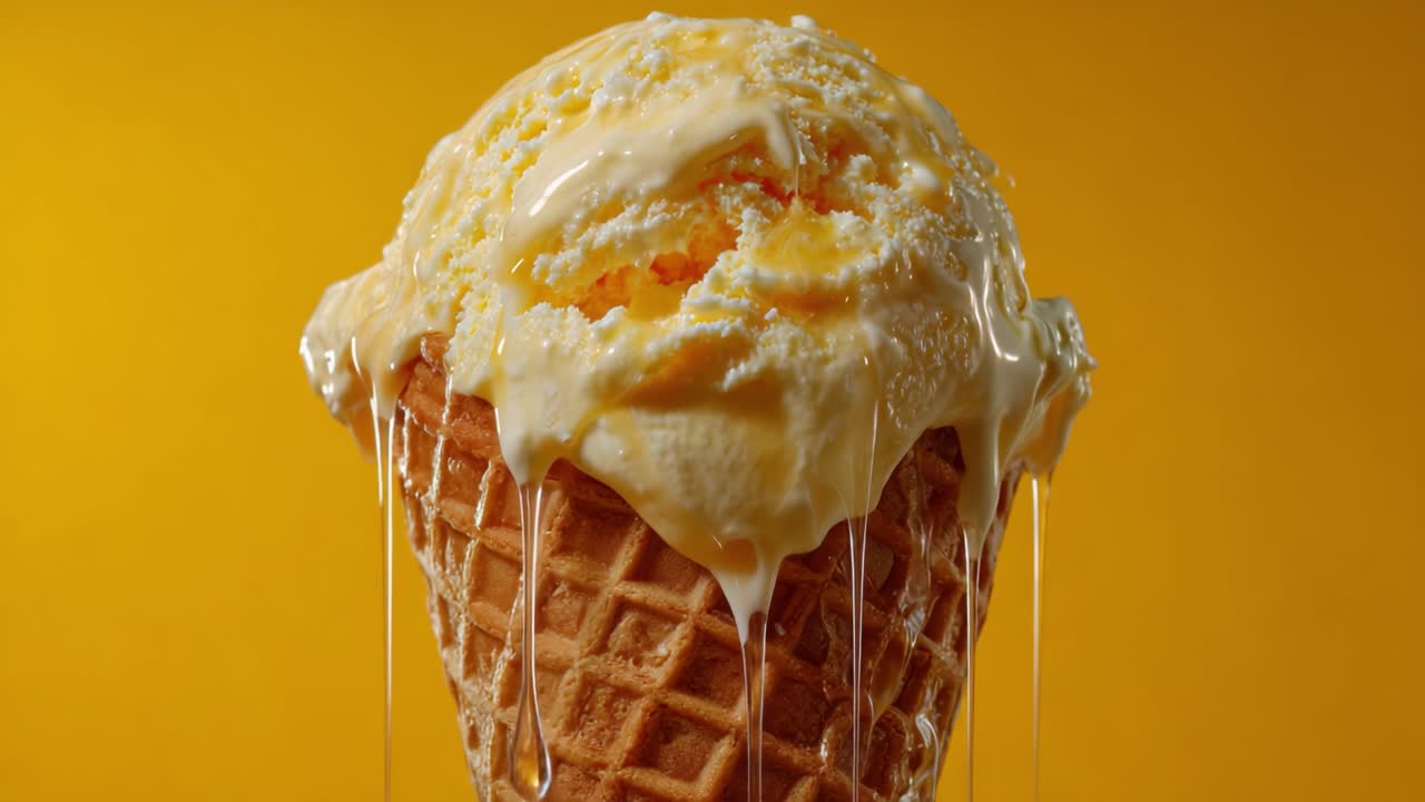 Un delizioso cono gelato con cremoso sapore di vaniglia che si scioglie sul cono waffle su uno sfondo giallo brillante