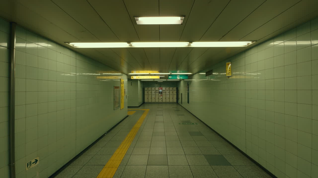 Interior view of Tokyo subway station hallway without people
