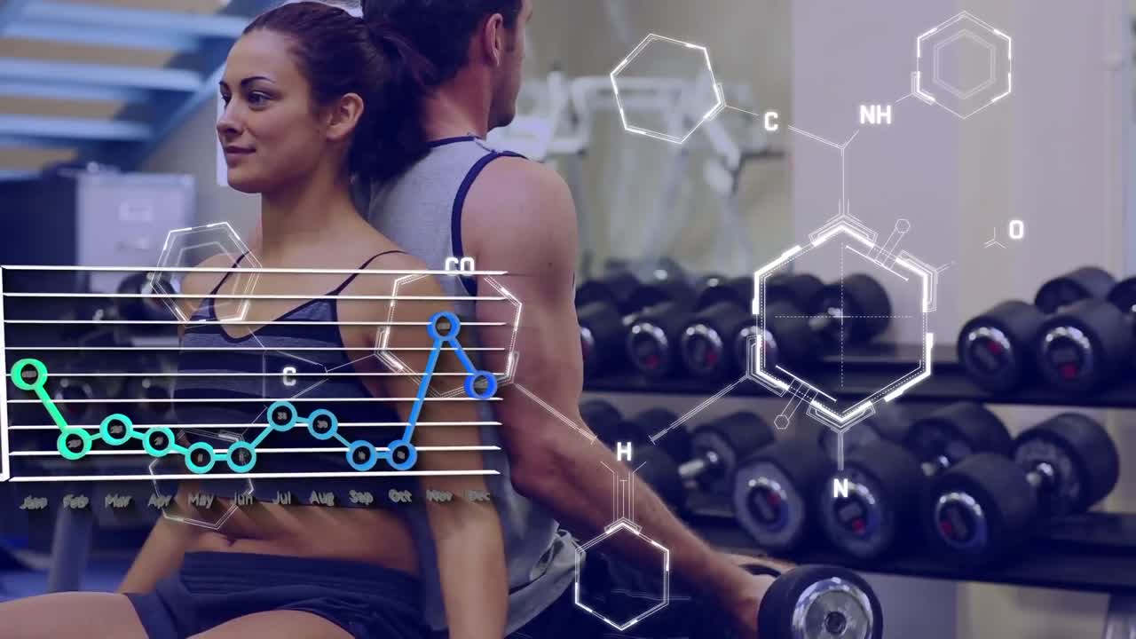 animación del procesamiento de datos sobre diversos deportes personas que hacen ejercicio en el gimnasio