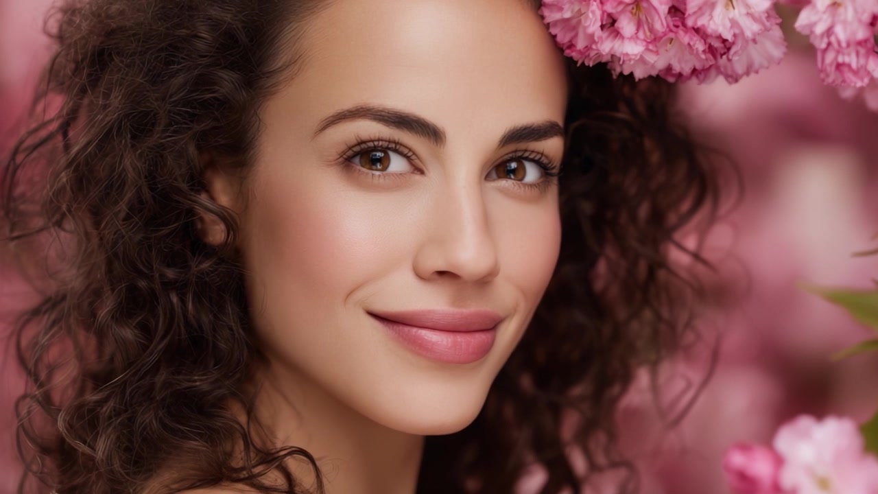 Ritratto accattivante di una giovane donna circondata da bellissimi fiori rosa, che mostra il suo sorriso radioso e la sua bellezza naturale in un ambiente floreale delicato