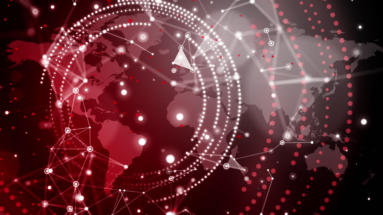 Scientific polygonal red background with connected dots and plexus lines. Geometric circles on the world map. Looped animation.