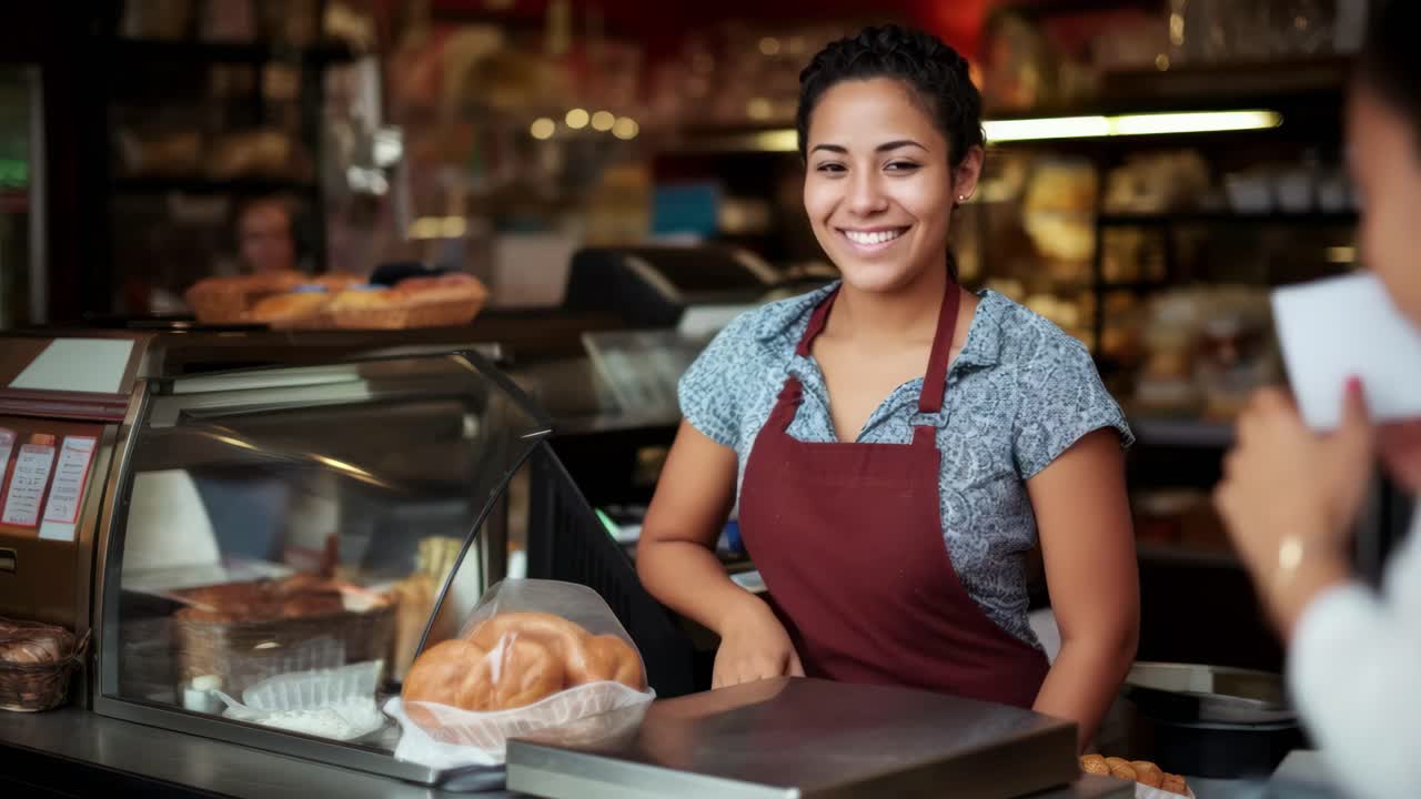 Una scena amichevole in una panetteria, catturata ad altezza occhi, con un panettiere sorridente che incarta il pane