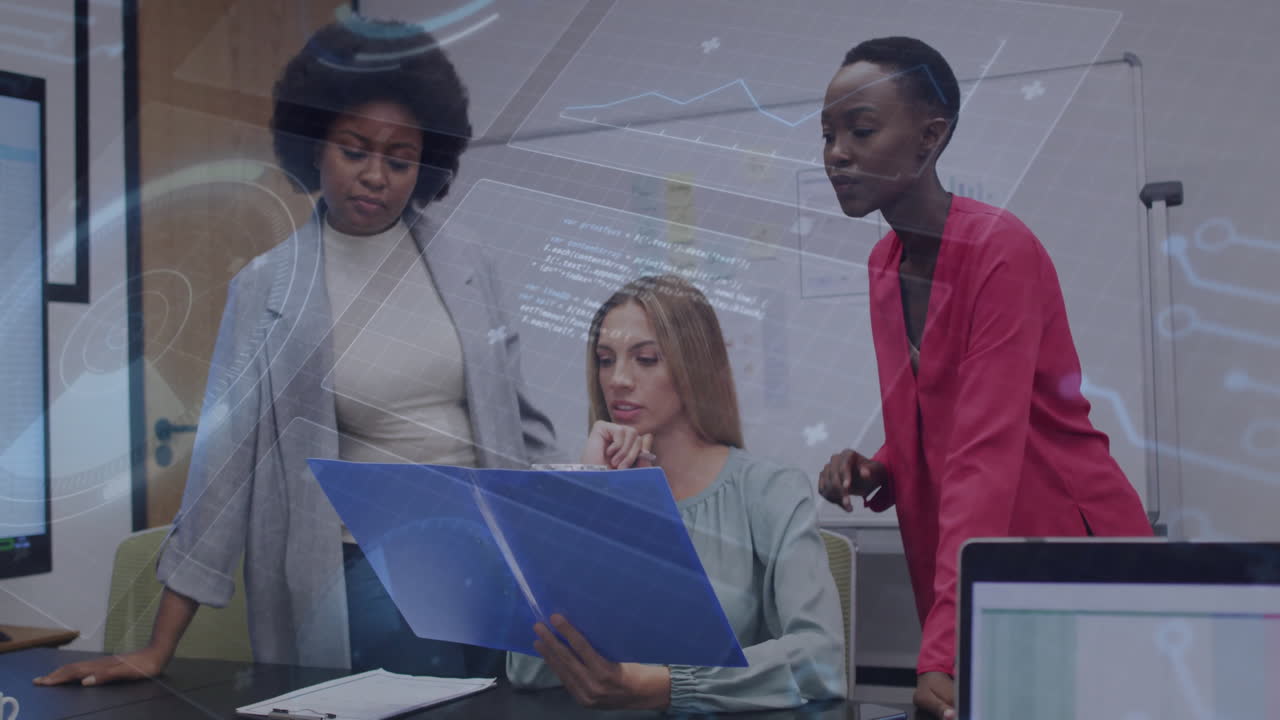 Three professional women reviewing documents in office, displaying animated charts and graphs