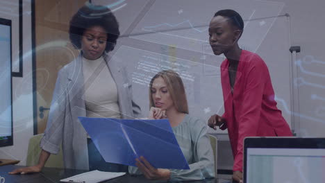 three professional women reviewing documents in office, displaying animated charts and graphs