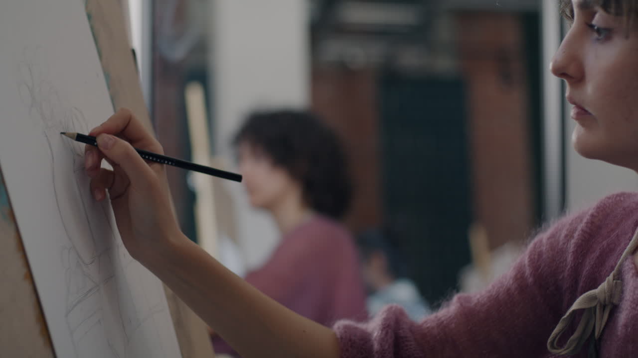 Woman Drawing a Portrait in an Art Studio