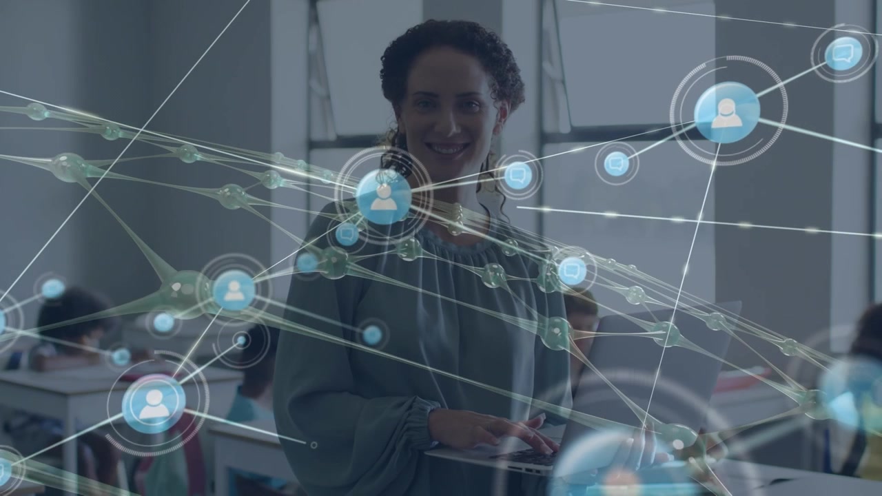 Animation of network of connections over teacher with diverse schoolchildren in classroom