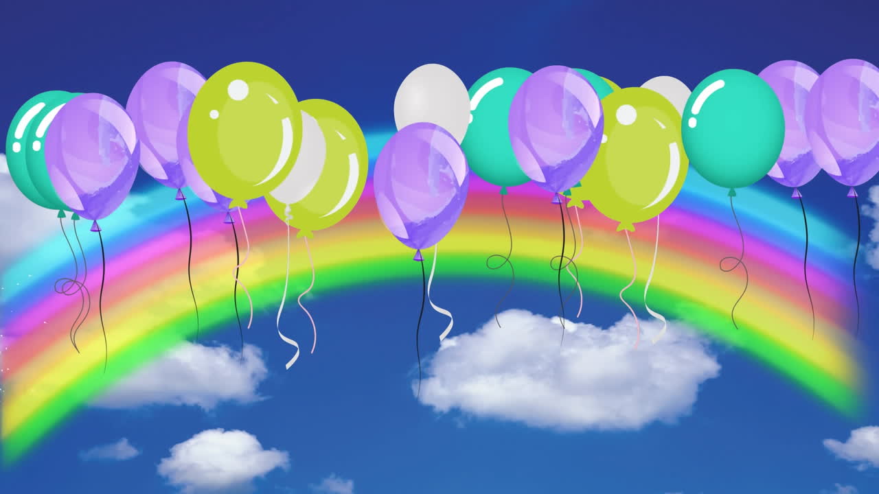 animación de globos coloridos volando sobre el cielo nublado y el arco iris