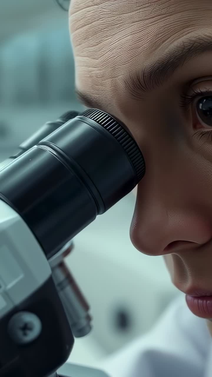 Vertical video: Peering woman lab tech in coat aligning eye to microscope at bench checking sample