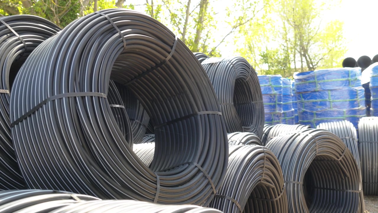 Large coiled pipes are stacked in the outdoor yard of an irrigation company