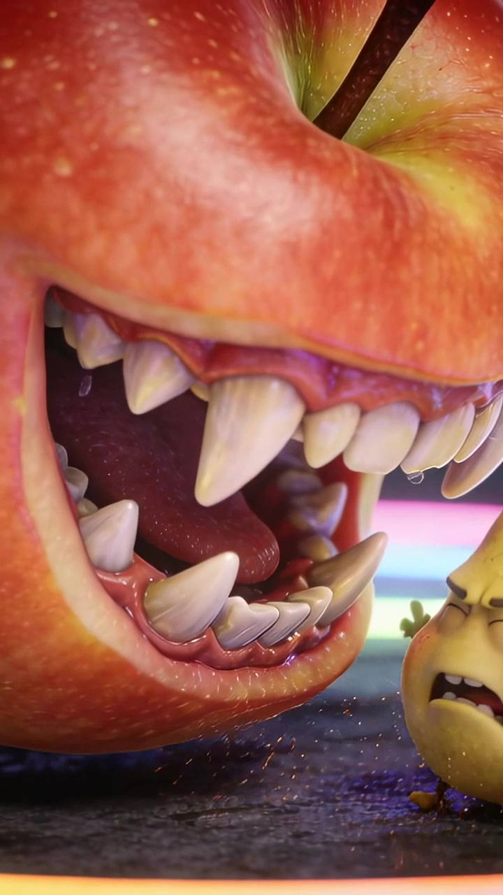 Vertikales Video: Speicheltropfen fällt, Apfel-bedrohendes gelbes Emoji auf Neonboden, um Beute zu erschrecken.