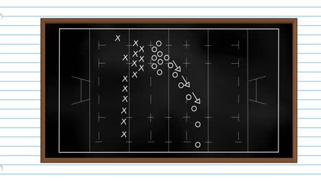 Animation-of-football-game-strategy-drawn-on-black-chalkboard-against-white-lined-paper-background