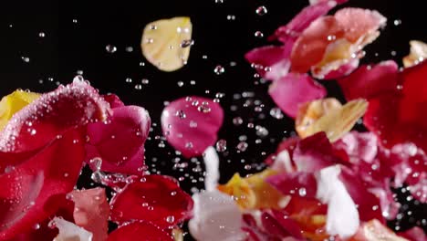 pétalos de rosa de san valentín arrojados al aire con gotas de agua a cámara lenta