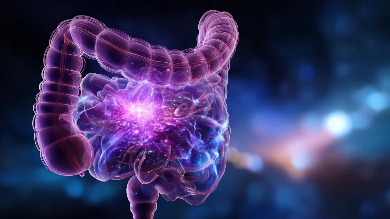 An Artistic Representation of the Human Digestive System with a Cosmic Twist, Showcasing the Intestines in a Visually Stunning Display of Color and Light, Merging Anatomy with Celestial Imagery