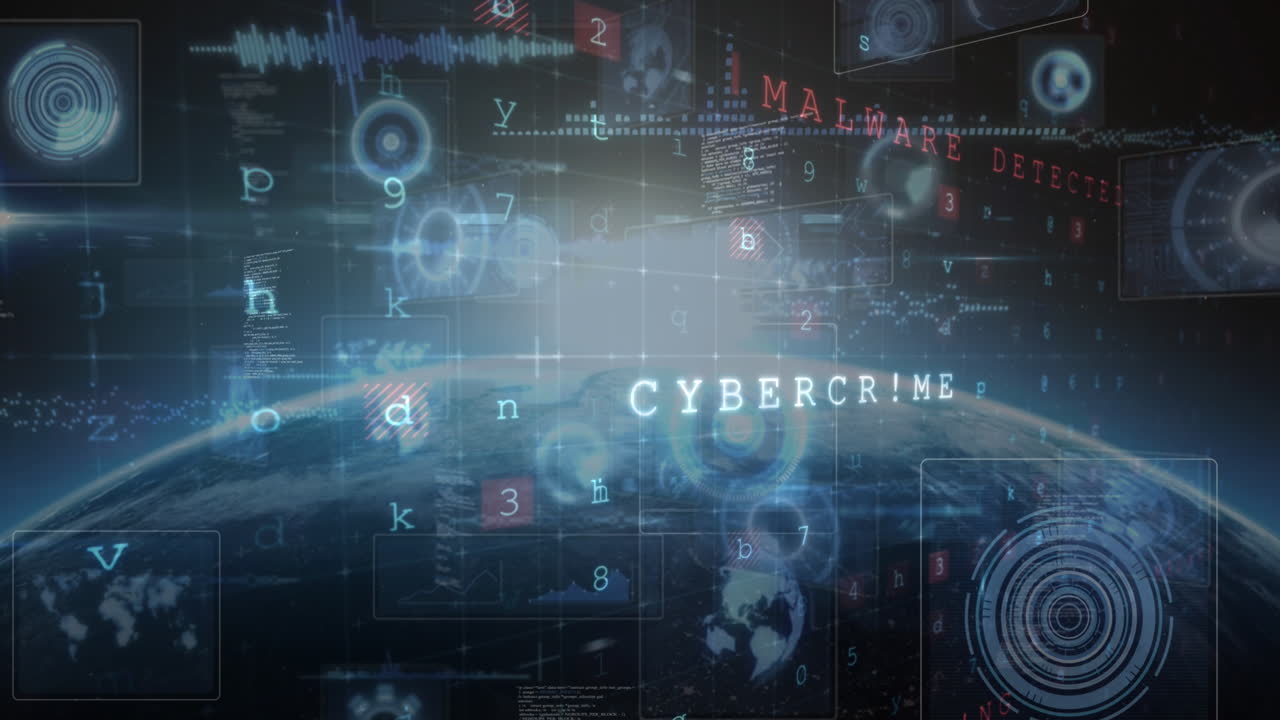 Animation of cyber attack warning, scopes scanning and data processing over globe