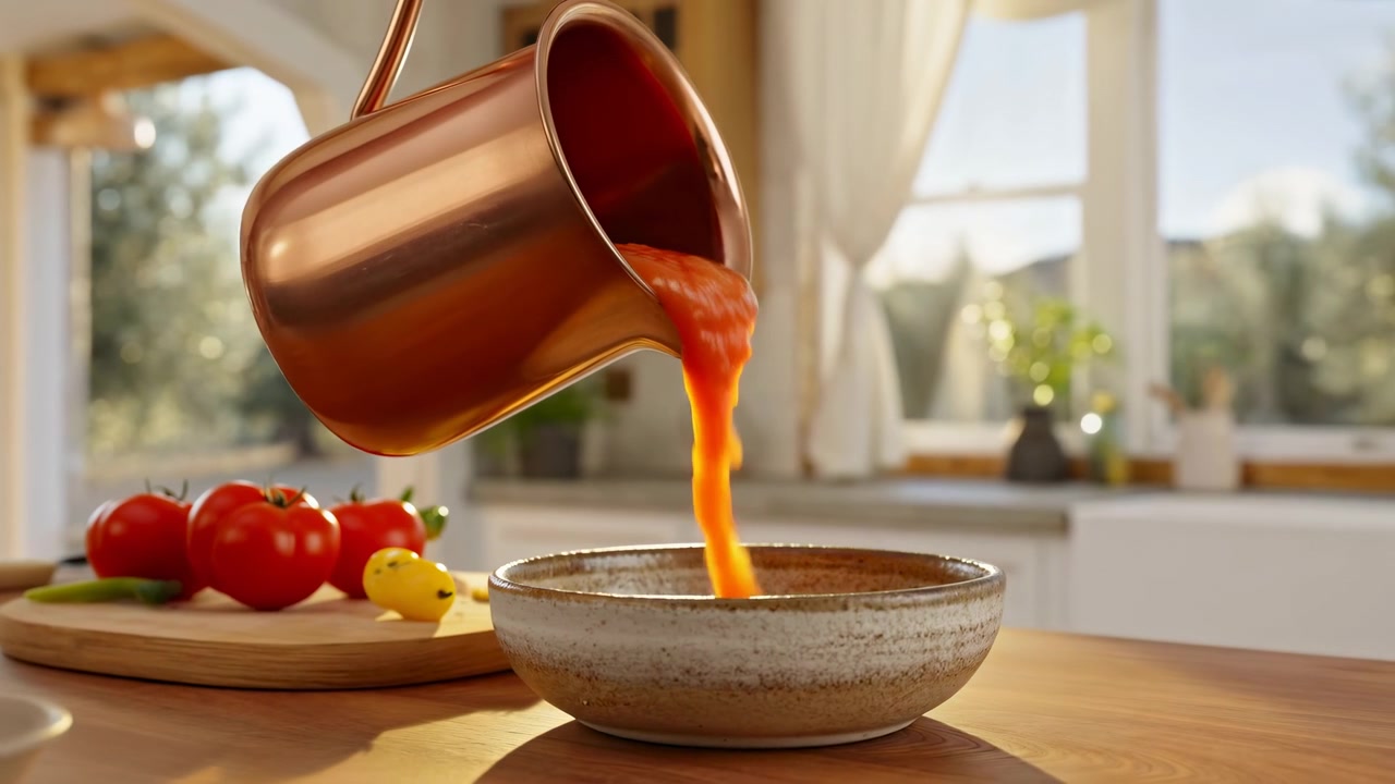 Uma panela de cobre derrama sopa laranja em uma tigela de cerâmica rústica sobre uma mesa de madeira, com luz natural suave, cortinas, armários e uma atmosfera acolhedora de cozinha doméstica.