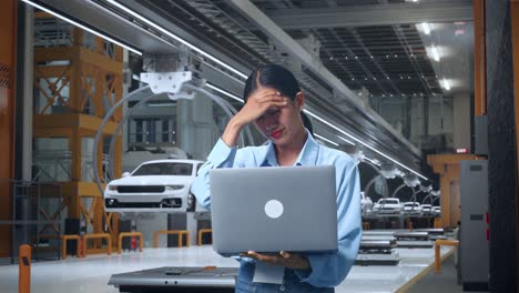 mujer estresada en la fábrica de automóviles