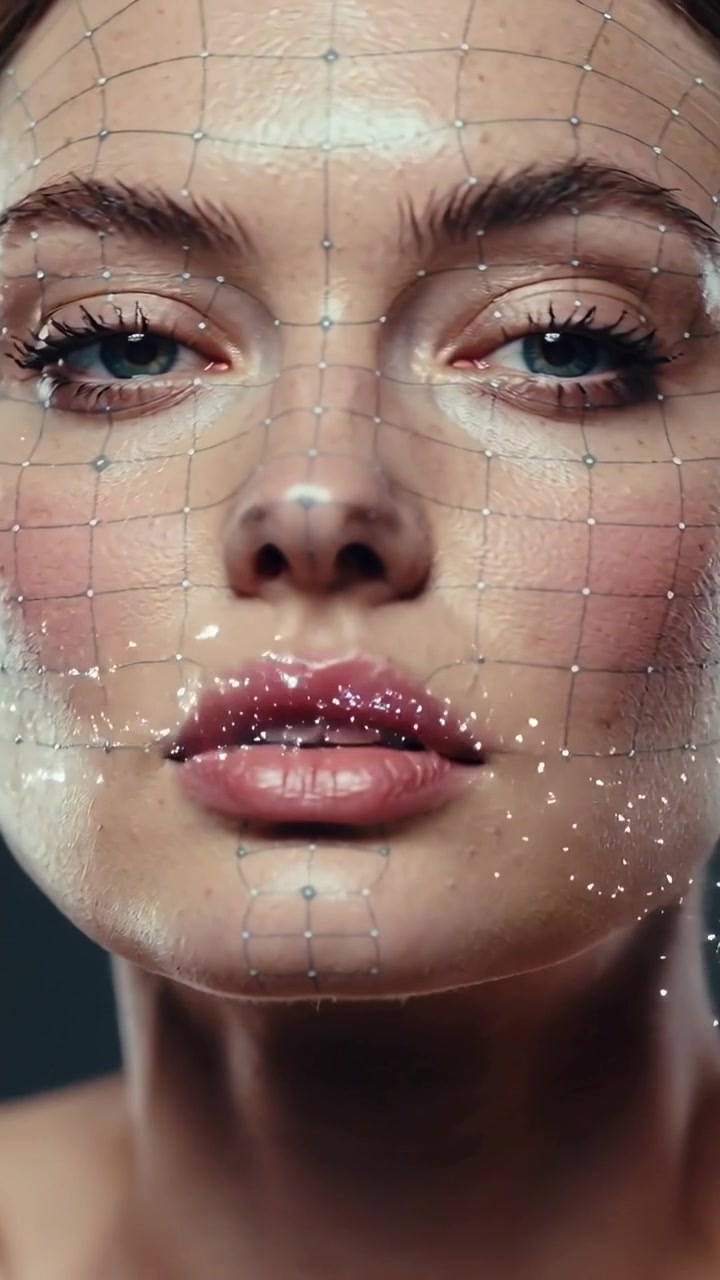 Vertical video: Shifting camera showing model face in studio, posing and showing mesh and sparkles