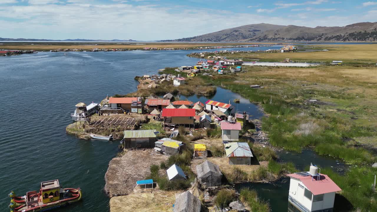 Flyover unique off-grid floating Uros Islands in Lake Titicaca, Peru