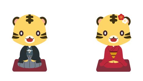 animation of a tiger lip-synching in a kimono sitting upright