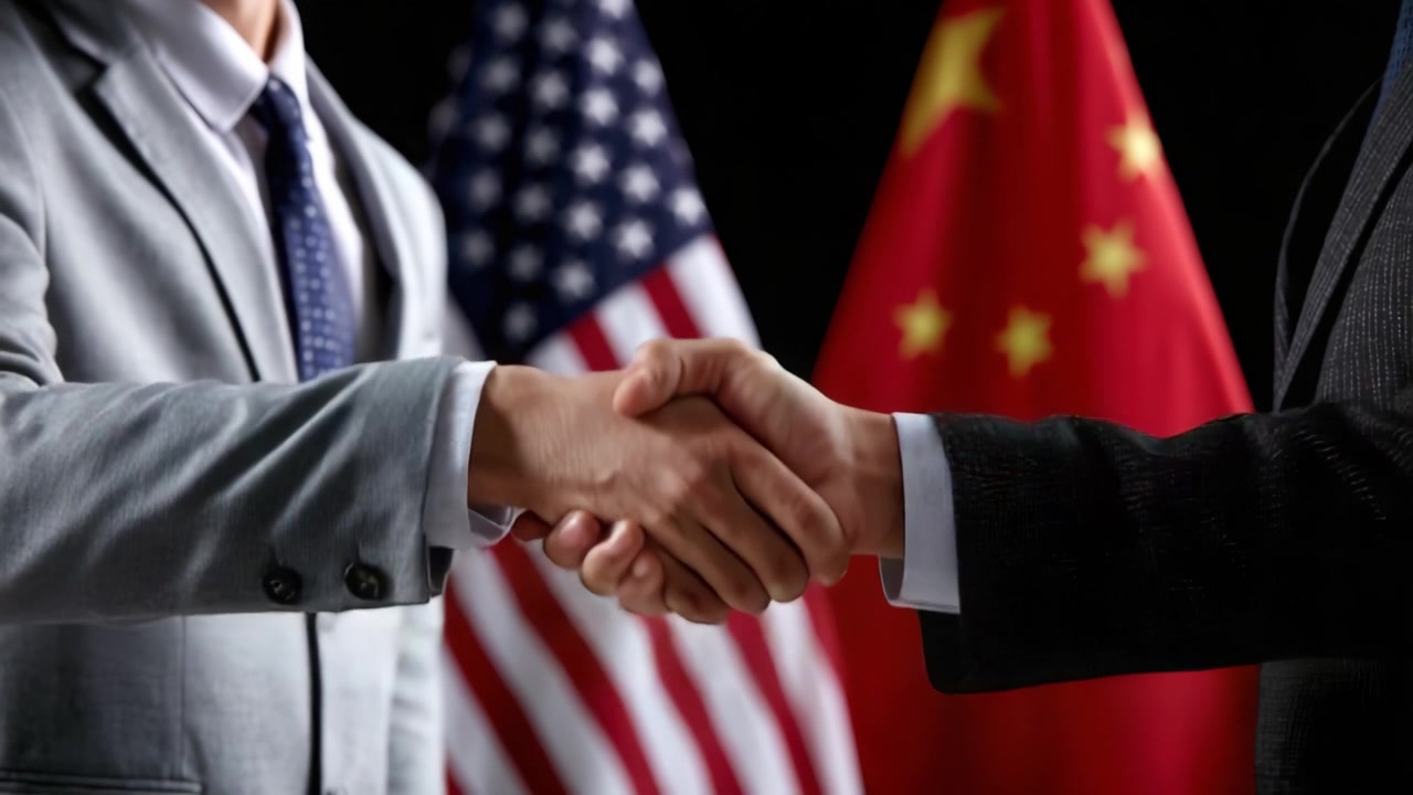 Significant Diplomatic Gesture: A Handshake Between Representatives Symbolizing Cooperation Between Nations Amidst Flags of China and the United States
