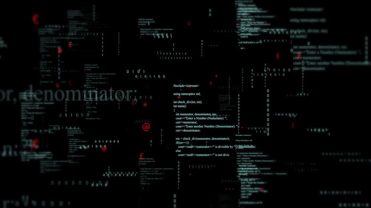 Scrolling code and symbols animation over dark background with scattered text