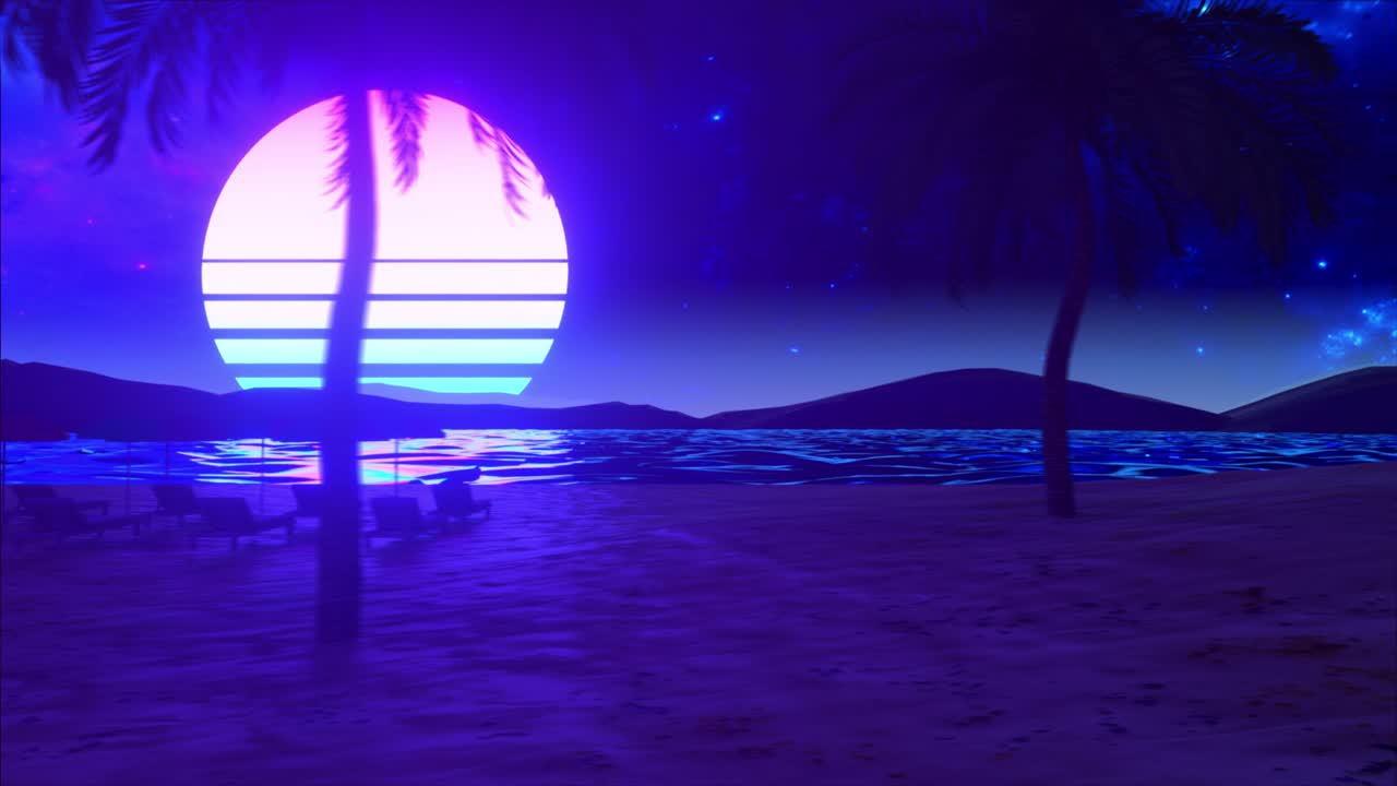 Tramonto Synthwave retrò sulla spiaggia