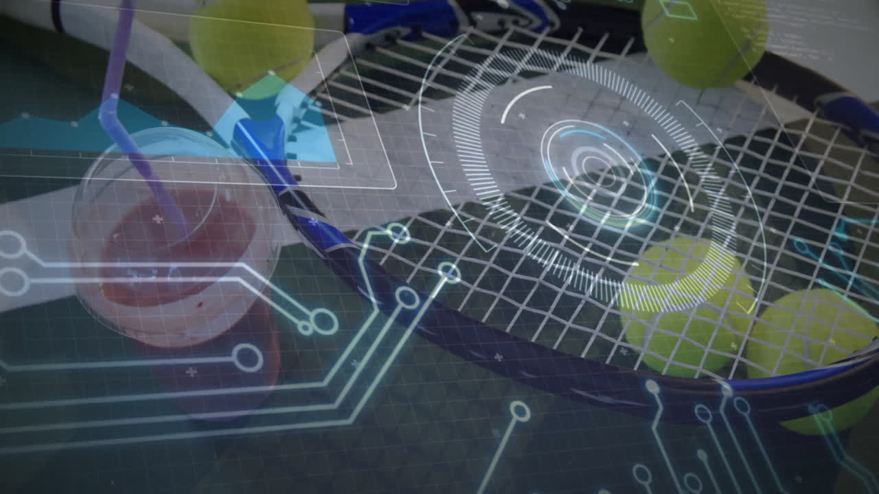 Tennis racket gliding diagonally across court in flat design, showing balls and HUD overlay