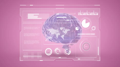 Mapa-Del-Mundo-Y-Gráficos-De-Datos-Sobre-El-Cerebro,-Animación-De-Investigación-Científica-Sobre-Fondo-Rosa