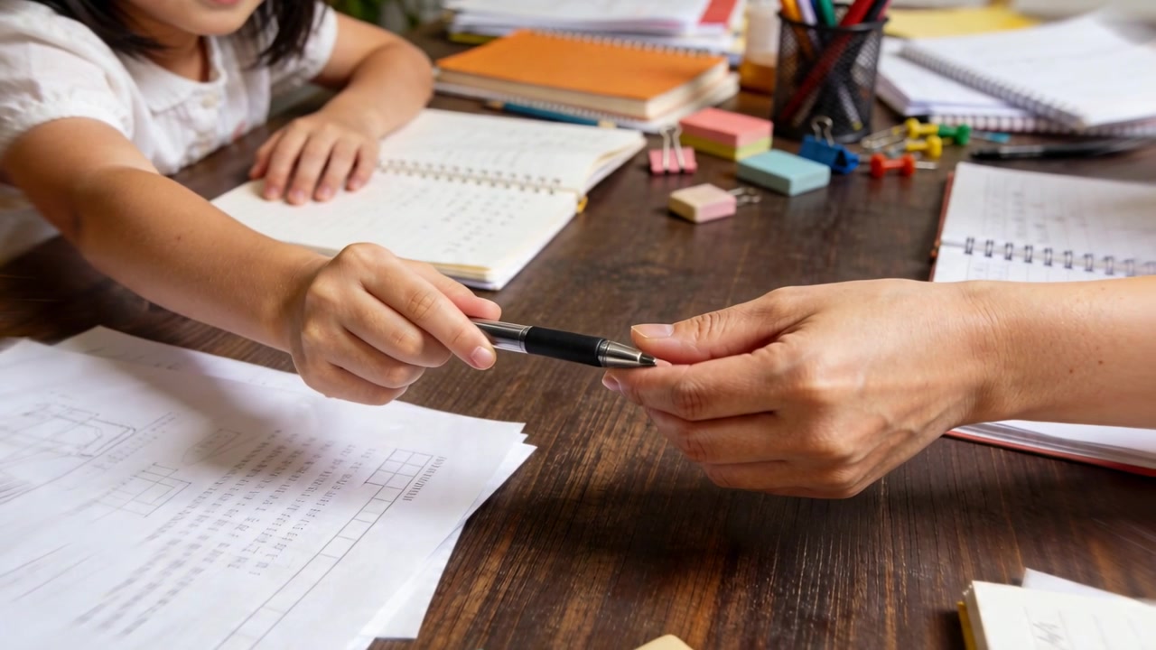 Un bambino afferra una penna nera nello studio di casa, ricevuta da un adulto, mentre si prepara a fare i compiti.