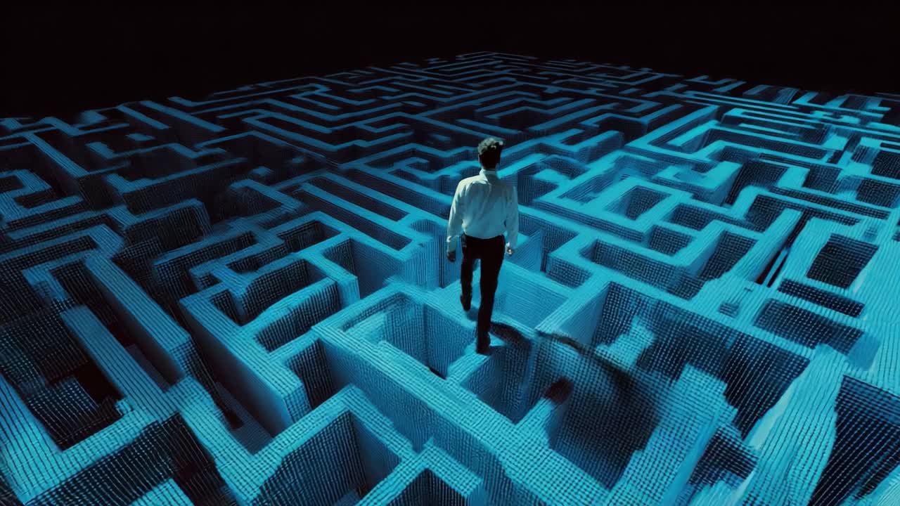 A lone figure navigates through a complex, illuminated maze, encountering the challenges of decision-making and exploration within a digital landscape that symbolizes confusion and discovery