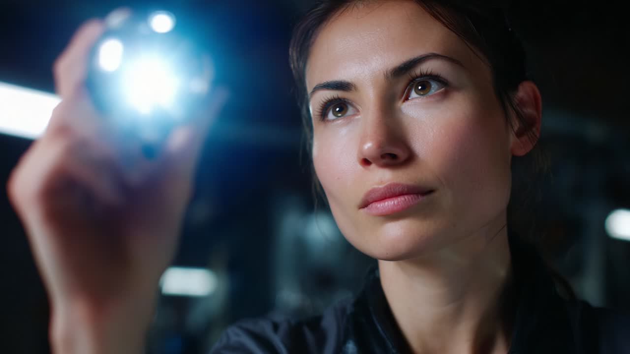 A determined woman examines a glowing orb with intense focus in a dimly lit environment, showcasing her curiosity and strength as she holds the light source firmly, ready to uncover hidden truths