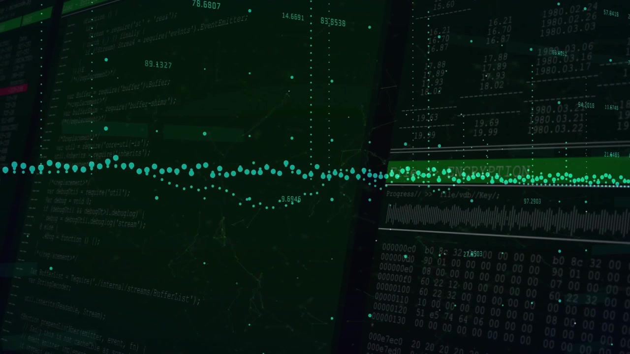 Data stream starting grid descent, pulsing points forming histogram with code scrolling in analysis