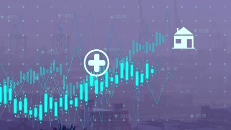 Animation-of-data-processing-and-icons-over-cityscape