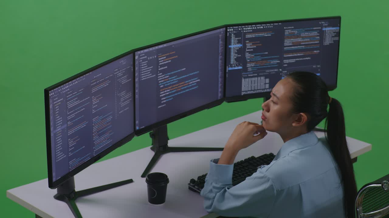 Side View Of Asian Woman Developer Thinking About Something Then Raising Her Index Finger While Write Code With Multiple Computer Screens In Green Screen Studio