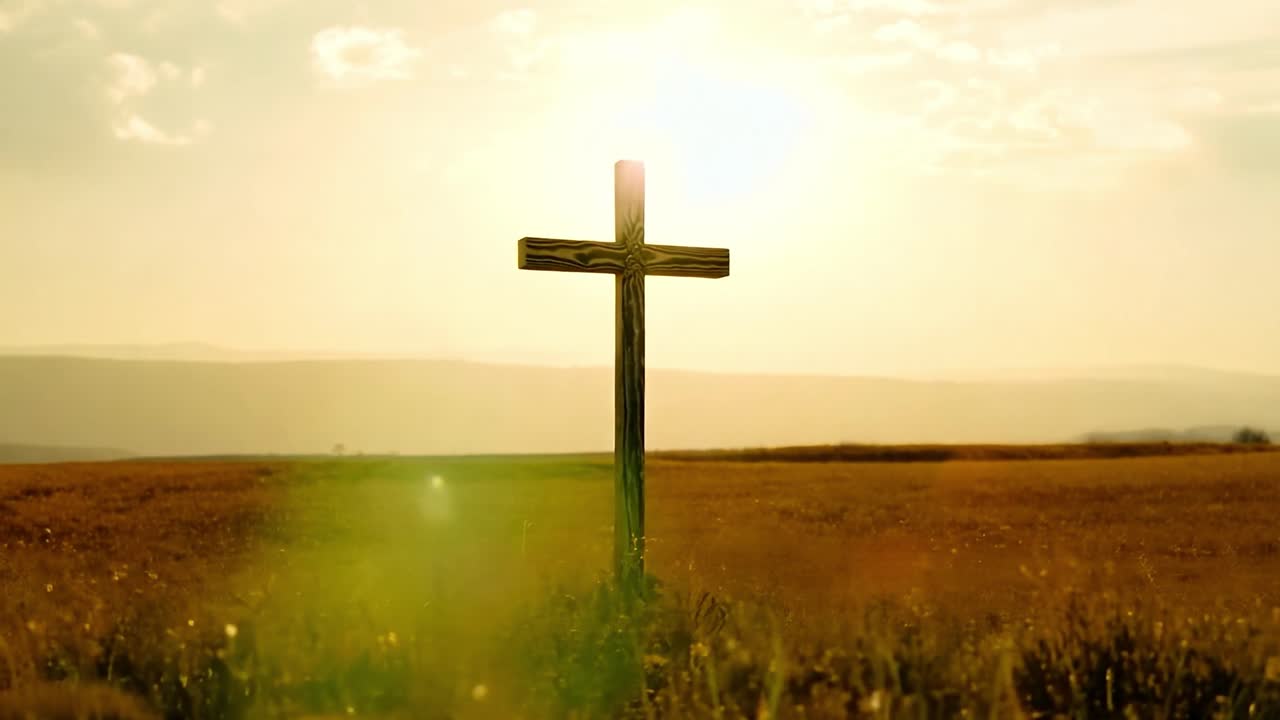 Wooden Cross in a Golden Field at Sunrise/Sunset