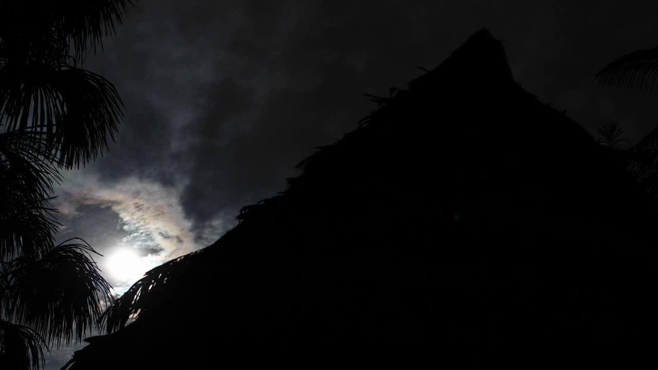 밤에 실루엣으로 보이는 정글 오두막