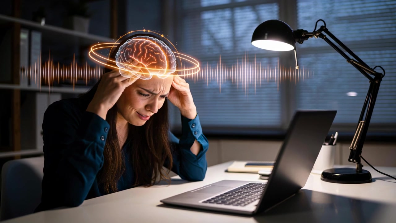 Pressing temples, woman in blue blouse at desk with laptop, reacting to pulsing 3D brain waveform