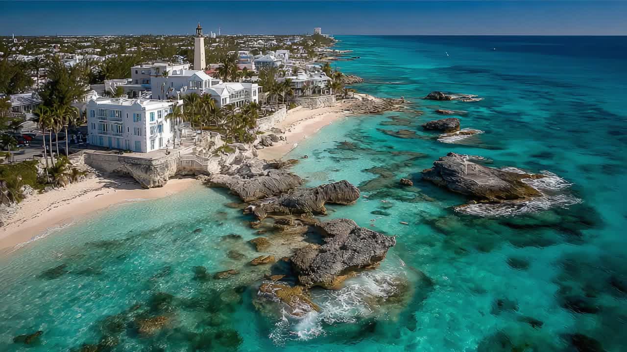 Vista aerea di un paesaggio costiero idilliaco con spiagge incontaminate, acque cristalline e costa panoramica con affioramenti rocciosi sotto un cielo azzurro