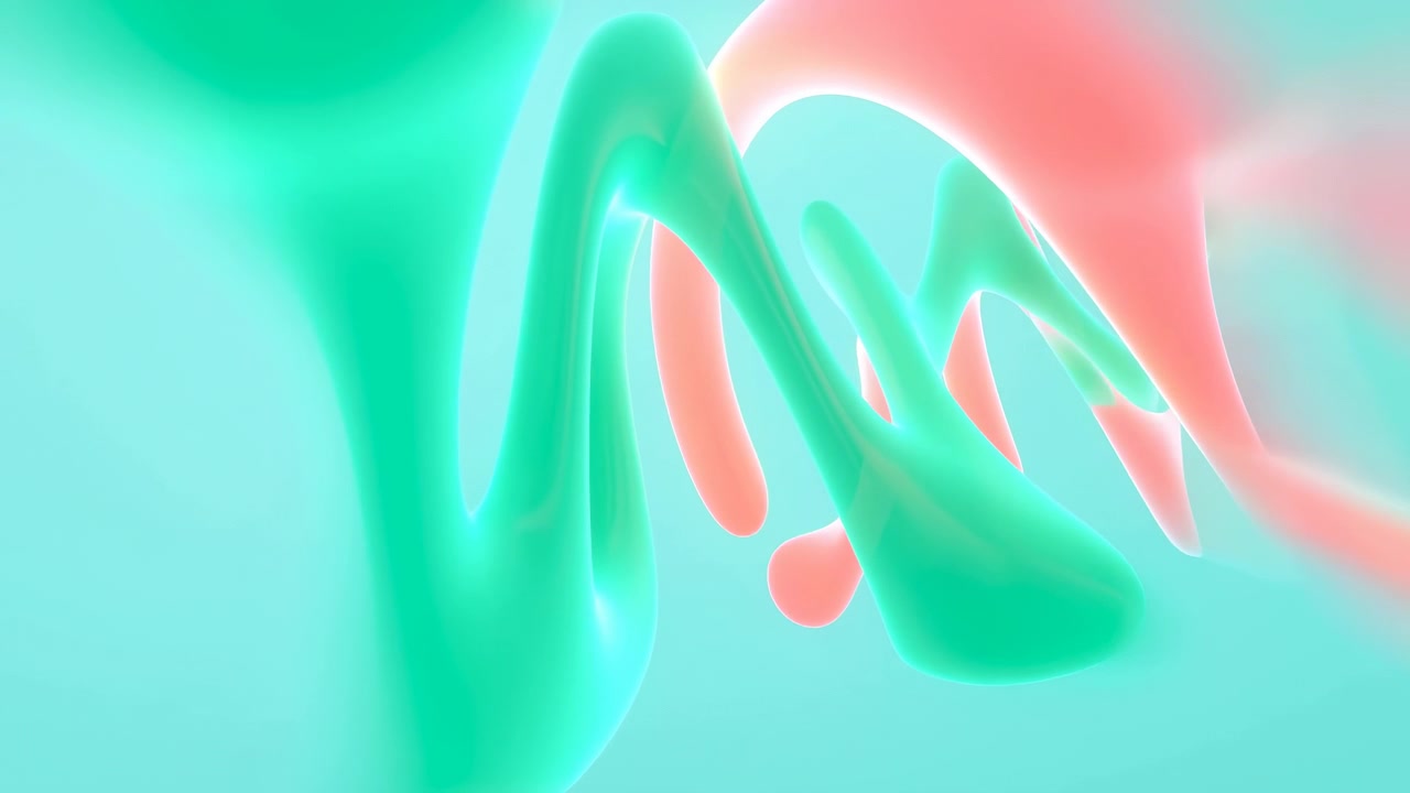 Temporal motion sequence showing glossy mint and coral ribbon forms emerging at start, progressively unfurling into interlaced loops, then expanding into