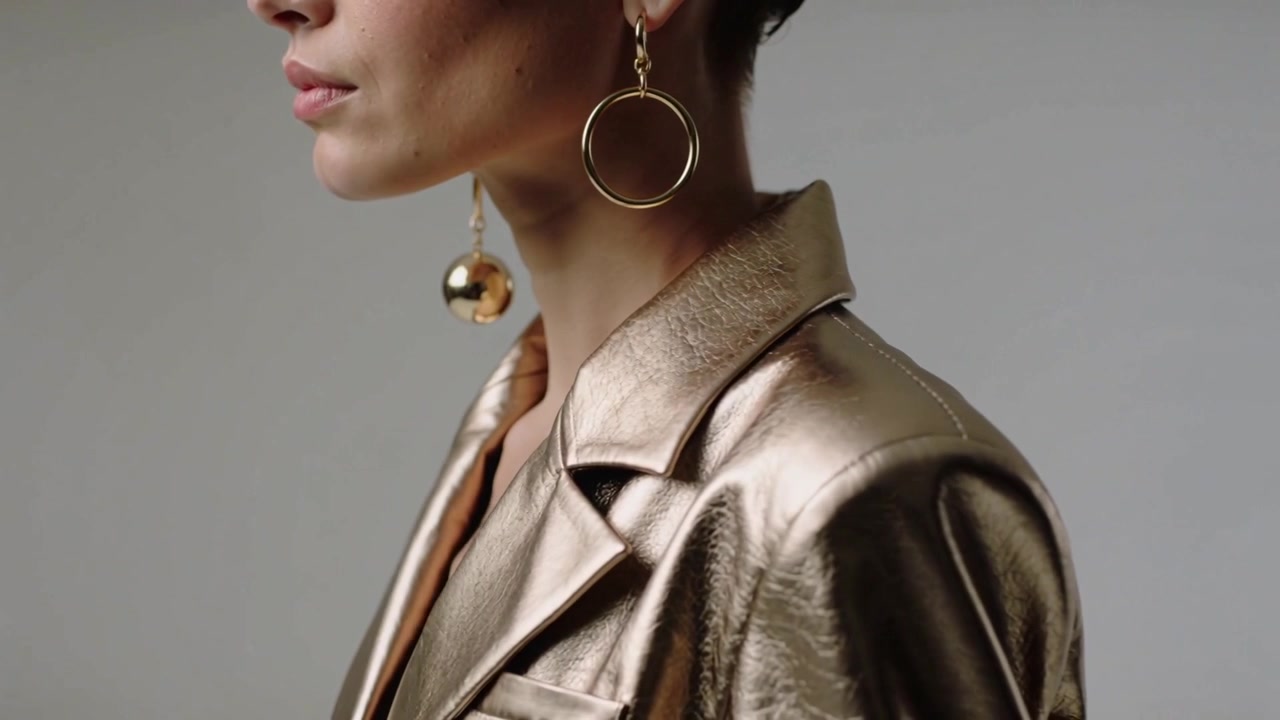 Modella che si gira con un blazer dorato, che rivela un orecchino a cerchio e sfera con un segnale della telecamera in studio