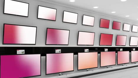 animación de filas de aparatos de televisión en la tienda con pantallas brillantes con espacio de copia