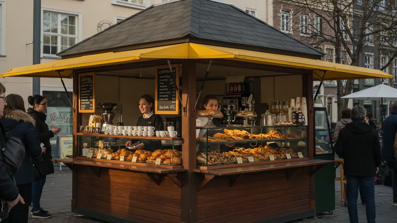A Cozy Outdoor Bakery Stall Brimming with Fresh Pastries and Aromatic Coffee, Perfect for Passersby Seeking a Delightful Snack or Treat