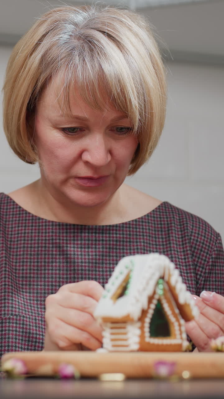 부드러운 부 환경에서 진저브레드 하우스 쿠키를 장식하는 데 깊이 집중 한 여인, 주변에는 반이는 빨간 불, 비 식물 및 쿠키 접시가 포함됩니다.